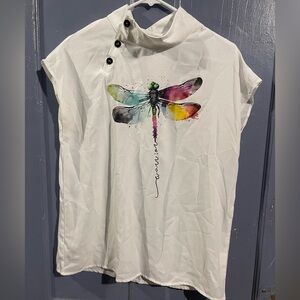 White Top with Colorful Dragonfly Design